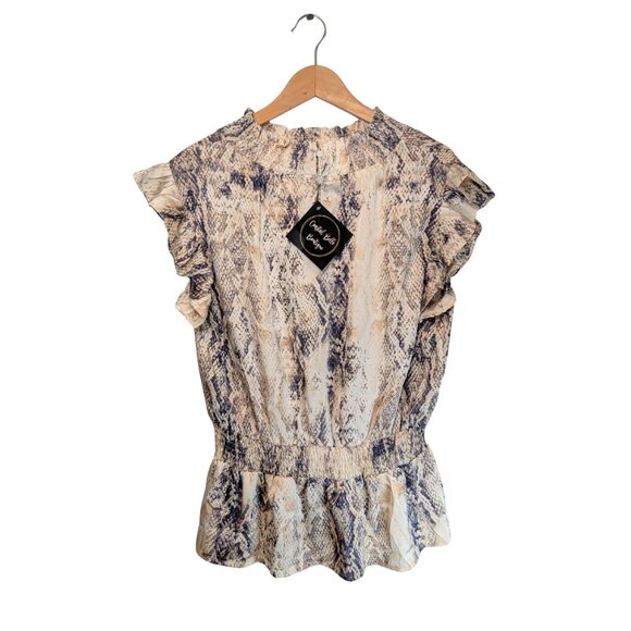 NWT Three Bird Nest Women’s Medium Blouse Top Shirt Snake Print Cream Gold Black - Picture 4 of 9